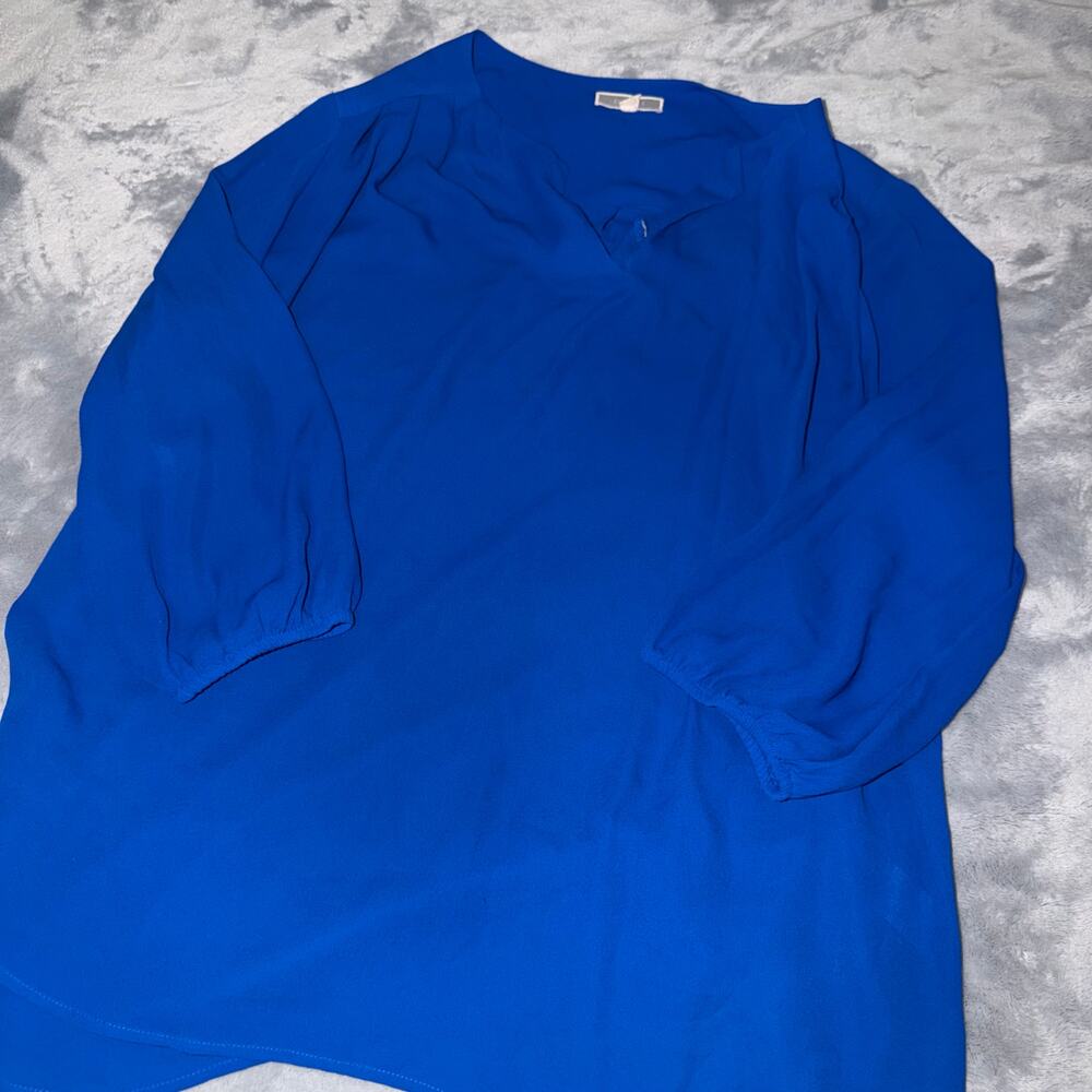 Pleione Women’s Blue V-Neck 3/4 Sleeve Blouse Top Size Large L Made in Vietnam